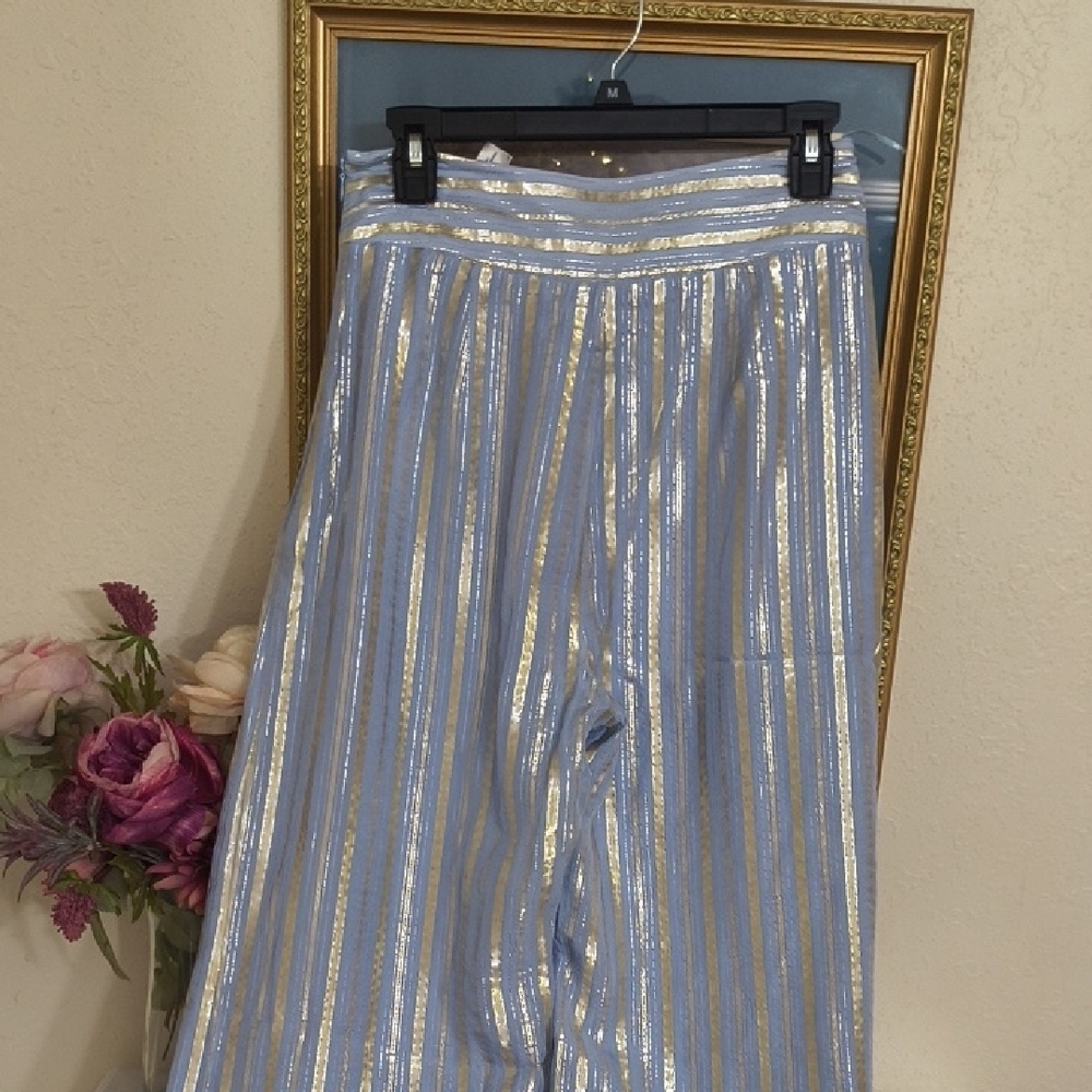 Elegant Blue and Gold Striped Women's Wide Leg Pants - Picture 5 of 9